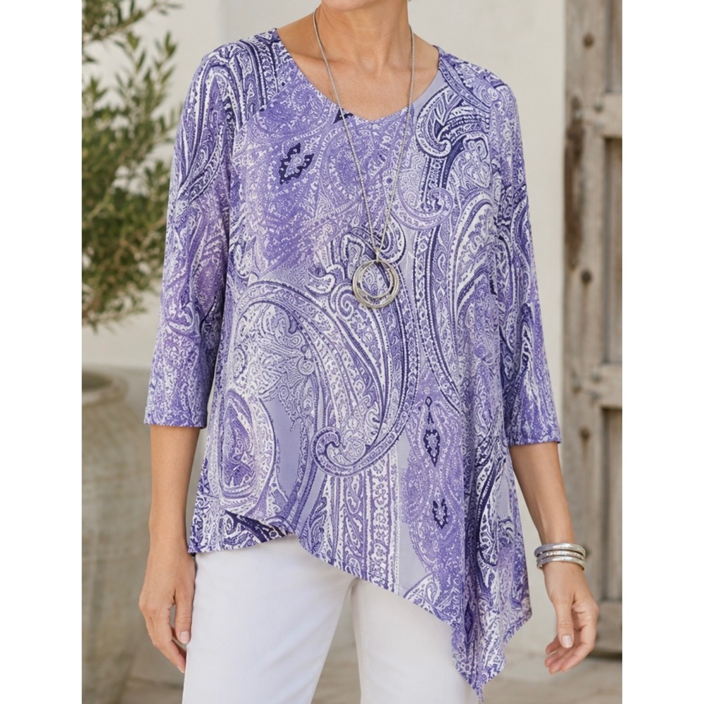 Chicos The Ultimate Tee Purple Paisley Asymmetrical Sharkbite Tunic Top 1 Petite